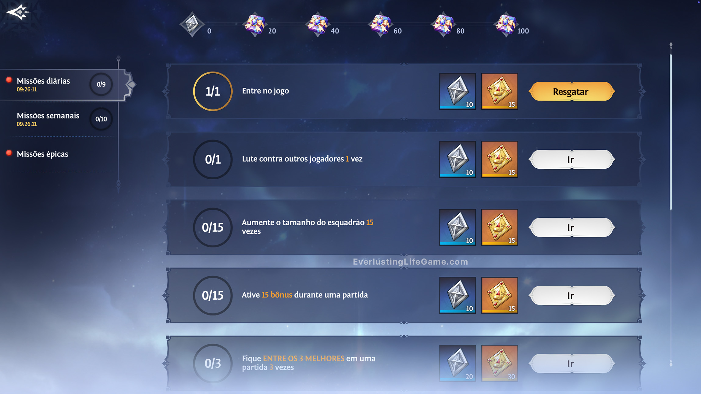 Lista de missões para cumprir